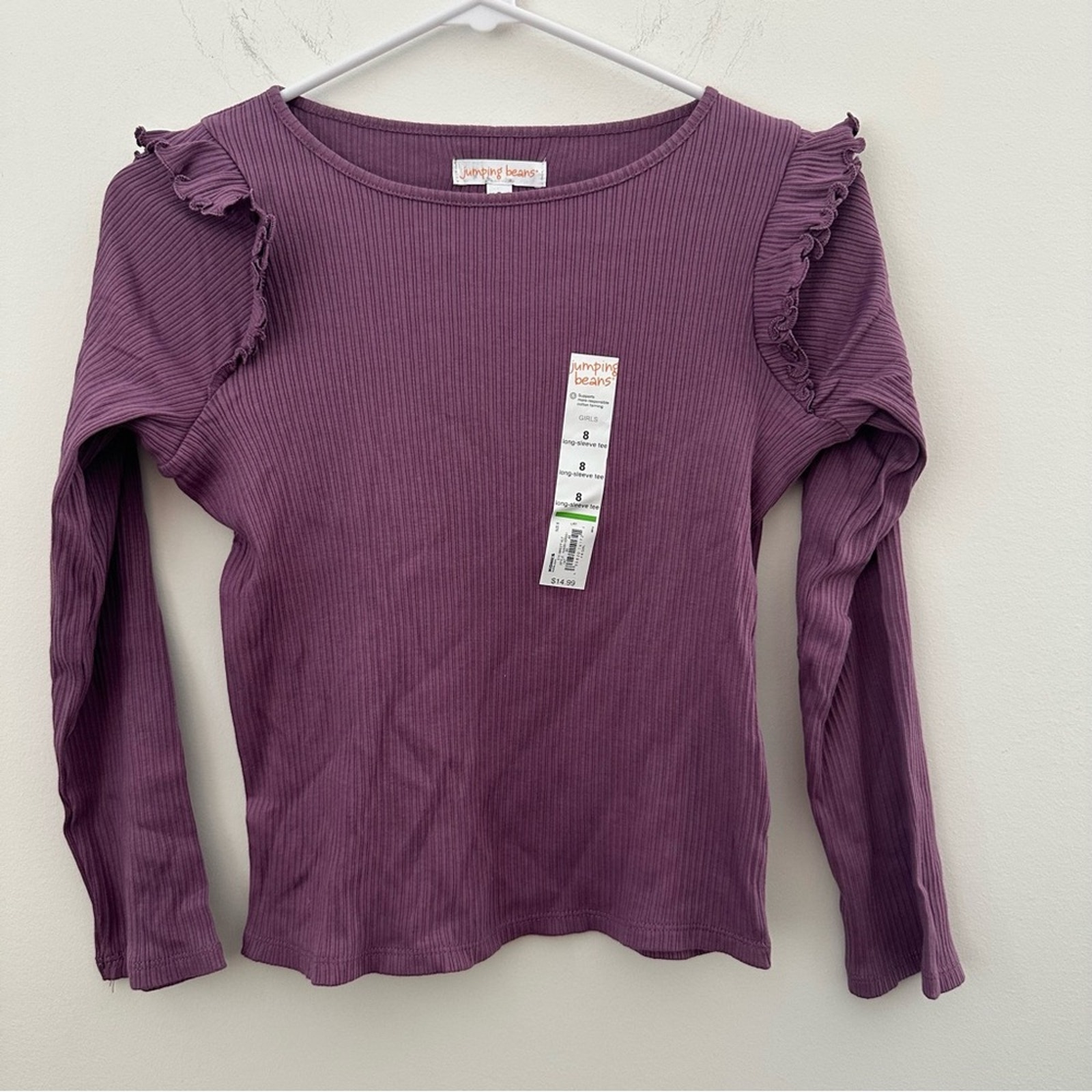 Jumping Beans Blouse Girls Size 8 Purple Crew Long Sleeve Ruffle Shoulder Causal